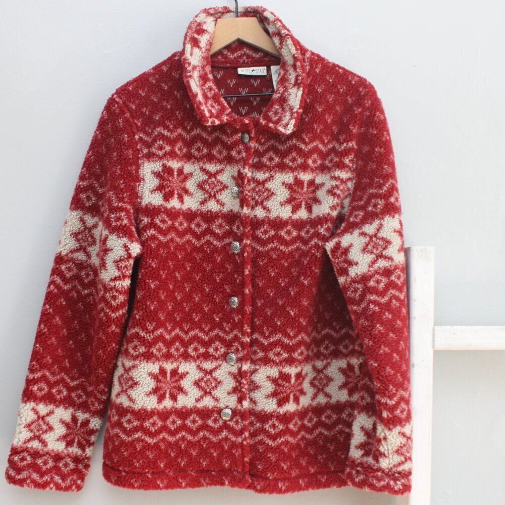 White Stag Vintage Red Cream Snowflake Deep Pile Fleece Women's Jacket sz Large